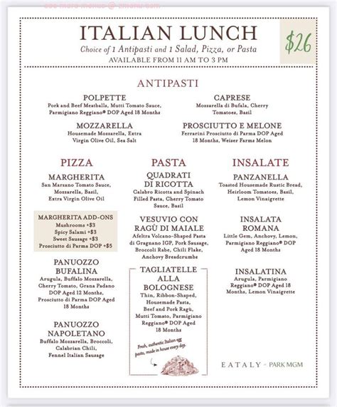 Menu at Eataly pizzeria, Las Vegas