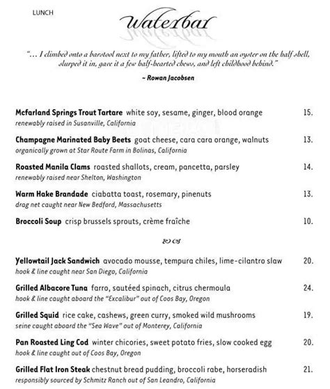 Waterbar Menu, Menu for Waterbar, Embarcadero, San Francisco - Urbanspoon/Zomato