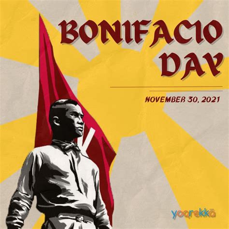 a poster with a man in front of a flag and the words bonfaco day