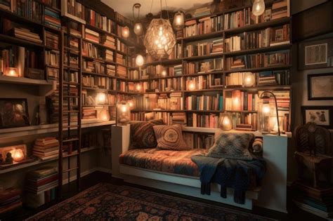 Premium AI Image | Cozy reading nook surrounded by shelves filled with ...