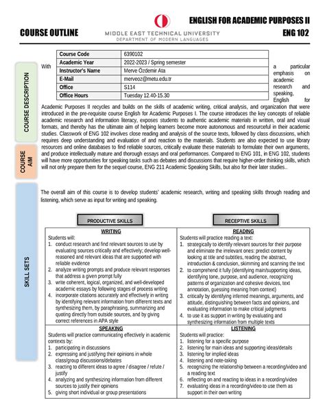 ENG 102 Course Outline 2 - COURSE OUTLINE ENGLISH FOR ACADEMIC PURPOSES ...