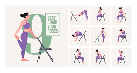 Chair yoga poses. Chair stretching exercises set. Woman workout fitness ...