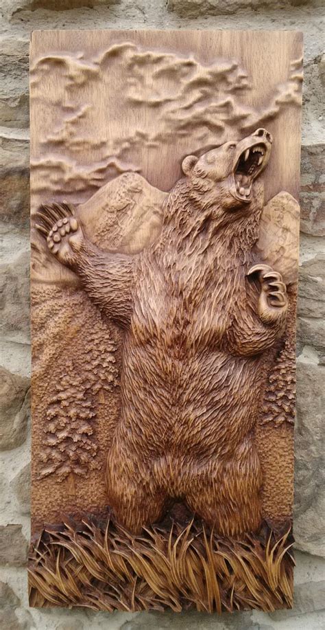 Animal Carved Bear Wood Wall Hanging Home Decor Woodwork Totem Art Housewarming Gift Landscape ...