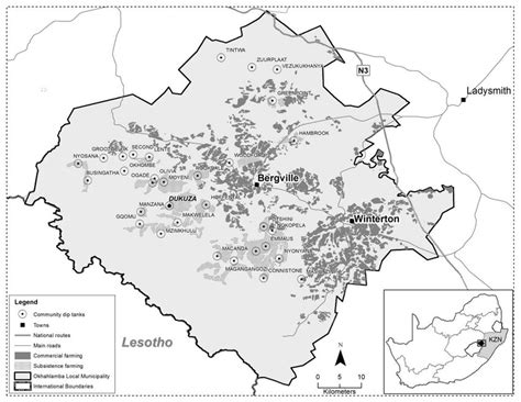 Land use map of the Okhahlamba Local Municipality showing dip tanks ...