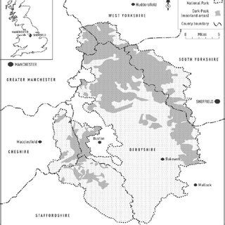 Map of Peak District National Park showing the Dark Peak area (shaded ...