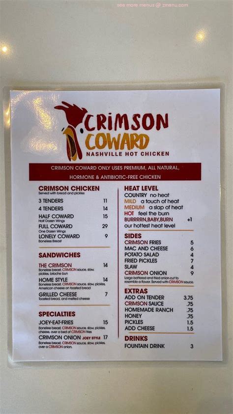 Carta del restaurante Crimson Coward, Lake Forest