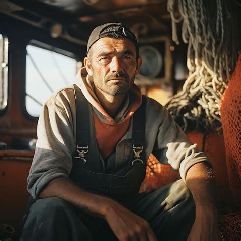 Premium AI Image | Portrait of a fisherman in work clothes on a fishing trawler among ropes and ...