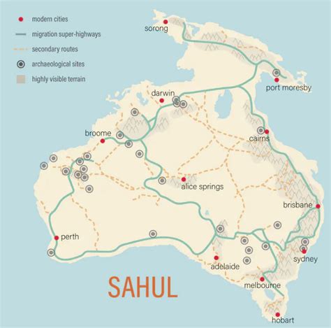 A map showing the migration routes in the ancient mega-continent of Sahul, demystifying the ...