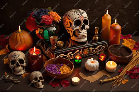 Premium AI Image | Day of the dead altar with sugar skulls candles and offerings for the deceased