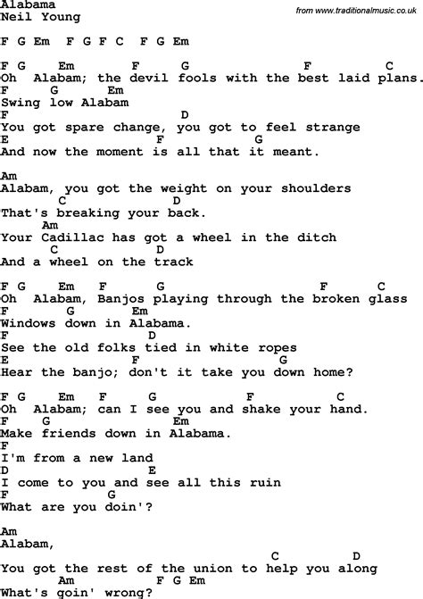 Song lyrics with guitar chords for Alabama