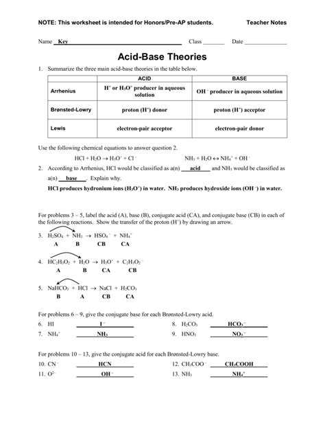 Bronsted Lowry Acids And Bases Worksheet