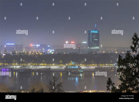 BELGRADE, SERBIA - JANUARY 2, 2015: Skyline of New Belgrade (Novi Beograd) seen by night from ...