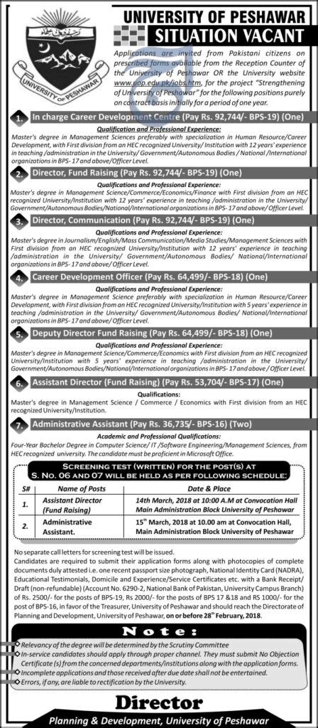 University of Peshawar 08 jobs, 13 Feb 2018 Daily Aaj Newspaper