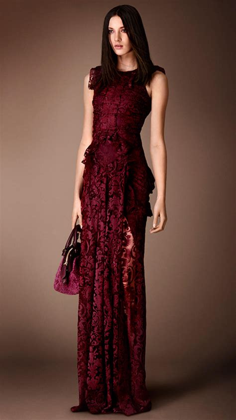 Lyst - Burberry Floor-Length Embroidered Lace Dress in Red