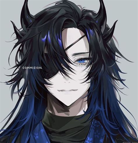 Anime black blue hair demonstrate eyepatch horns blue eyes anime male | Blue hair anime boy ...