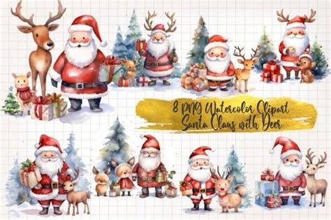 Santa Claus with Deer Watercolor Clipart Graphic by WaterColorArch ...