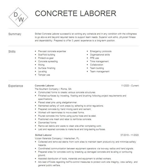 Concrete Laborer Resume Example