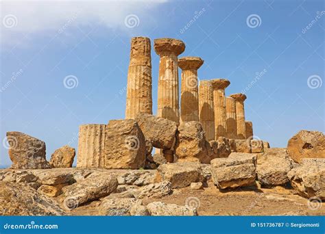 Ruined Temple of Heracles Columns in Famous Ancient Valley of Temples of Agrigento, Sicily ...