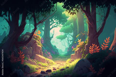 Concept art illustration of a magical forest. Forest landscape background. path into a magical ...