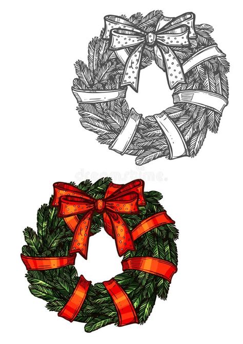 Christmas Wreath Sketch Icon with Red Ribbon Stock Vector - Illustration of sketch, icon: 80706019