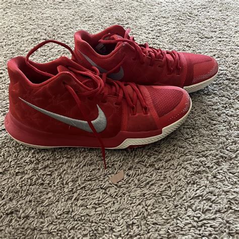 red kyrie 3 used harshly- NO INSOLES men’s size 9.5 - Depop