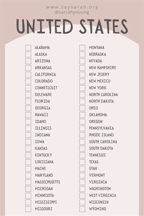 List Of 50 States Printable