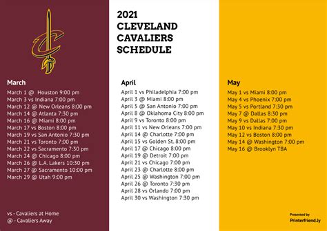 Printable Cleveland Cavs schedule for 2020-21 NBA season | Printerfriendly