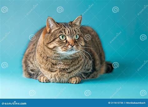 Portrait Of Severely Overweight Fat Tabby Cat On Teal Blue Studio Background Royalty-Free Stock ...