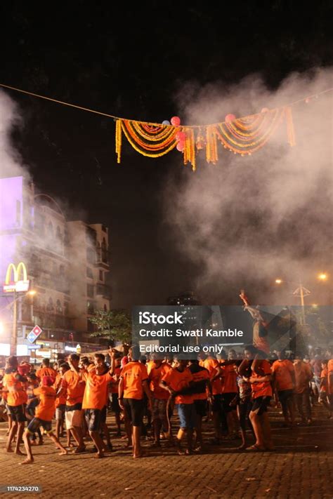 Dahi Handi Celebration At Night Stock Photo - Download Image Now - Dahi Handi, Mumbai, Adventure ...