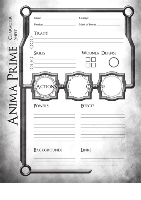 Anima Prime Character Sheet printable pdf download