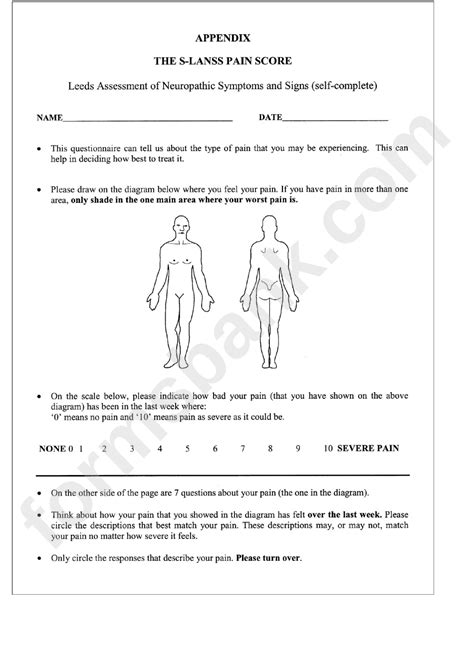 S-Lanss Pain Score And Pain Chart printable pdf download