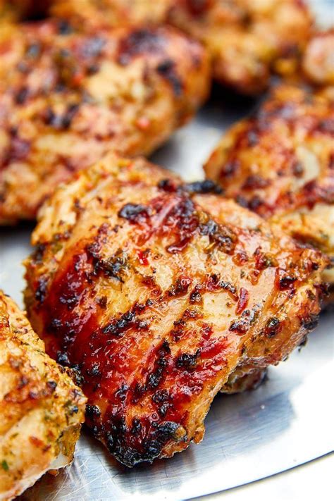 Grilled Marinated Skin-On Chicken Thighs | ifoodblogger.com | Grilled chicken thighs, Chicken ...