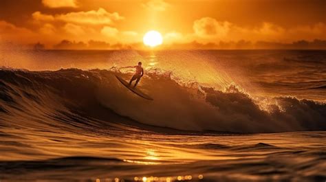 Premium AI Image | Surfer catching a wave at sunset with the sun ...