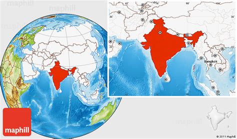 Physical Location Map of India, highlighted continent