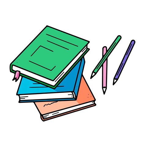 A stack of books and pencils. Drawing stationery on the table in doodle style. 6853633 Vector ...