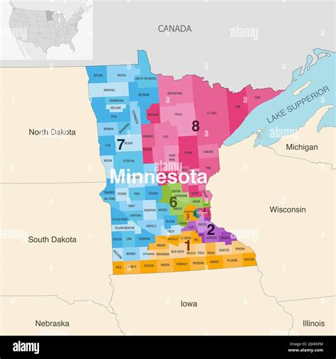 Minnesota state counties colored by congressional districts vector map ...