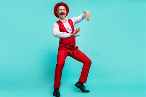 Full Length Photo of Aged Man Have Fun Dance Chill Playful Look Empty Space Isolated Over Teal ...