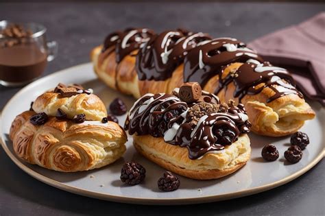 Premium AI Image | Chocolate puff pastry croissant chocolate eclair and ...