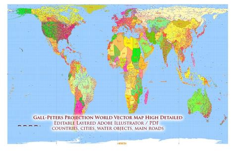 _World Gall-Peters Projection Political Map Vector High detailed fully ...