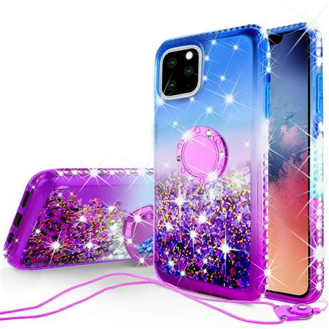 Apple iPhone 12 / iPhone 12 Pro Case, Ring Kickstand Liquid Glitter Quicksand for Girls Women ...