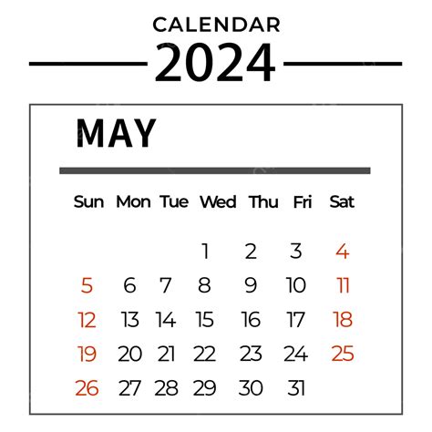 May 2024 Calendar Simple Black, Two Thousand And Twenty Four, May, Calendar PNG and Vector with ...