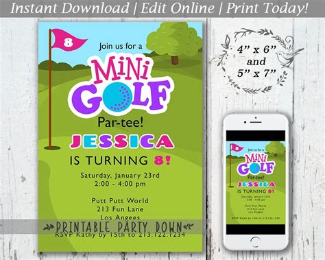 Girl Mini Golf Party Invite Putt Putt Birthday Customize Personalize Editable Template Printable ...