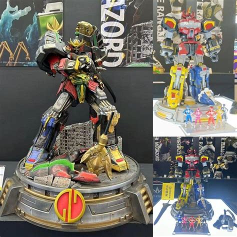 two pictures of different types of action figures on display at a toy fair, one is gold and the ...