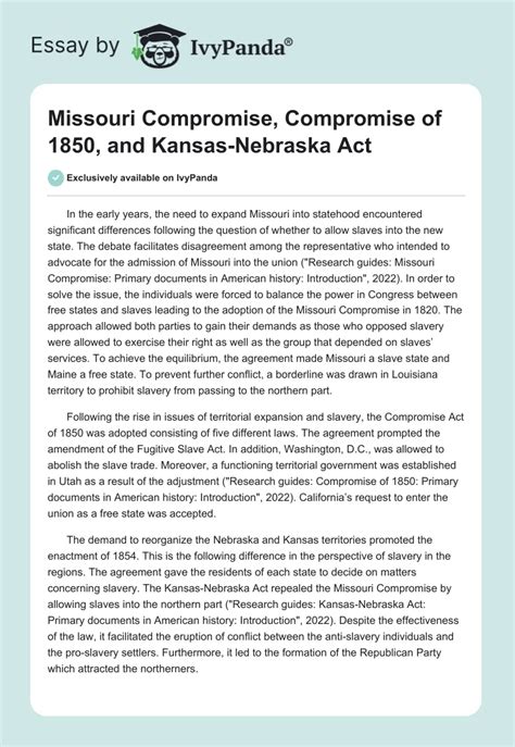 Missouri Compromise and Kansas-Nebraska Act - 335 Words | Essay Example