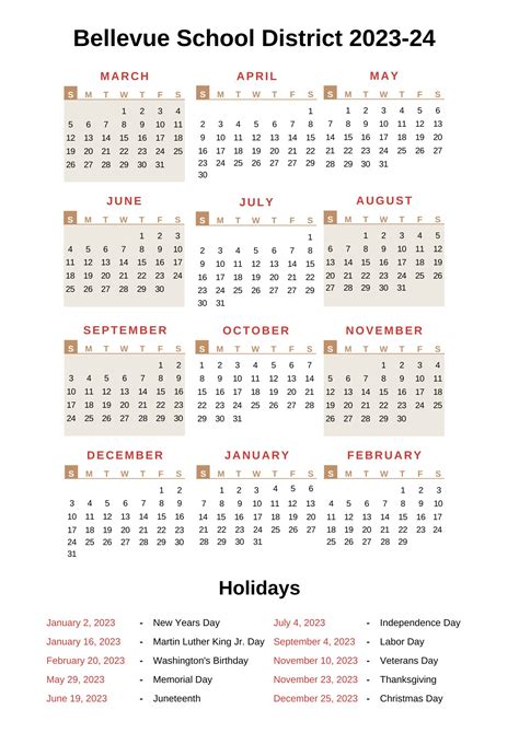 Bellevue School District Calendar 2023-24 with Holidays