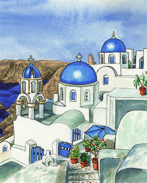 Vintage Oia Greek Town White Buildings Blue Roofs Of Santorini Painting Painting by Irina ...