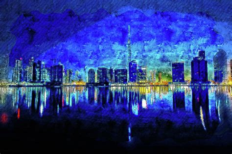 Cityscape watercolor drawing - city at night Drawing by Hasan Ahmed - Fine Art America