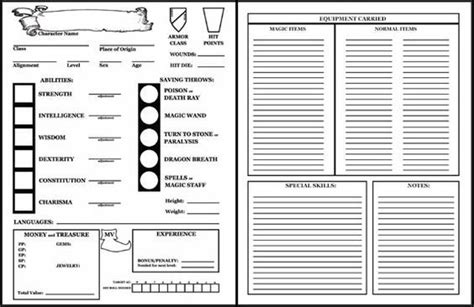 Dungeons and Dragons 1st Edition Character Sheet