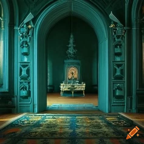 Castle interior cozy dim blue green opulent