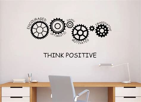 Motivational Vinyl Wall Decal Quote Think Positive Office Space Decor Art Gears Words Interior ...